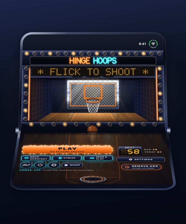 The main menu over the cabinet, the LED sign reading FLICK TO SHOOT, with Play, Daily Shootout, Streak, Pass and Play, the power-ups tray and Shop, Settings and Remove Ads.